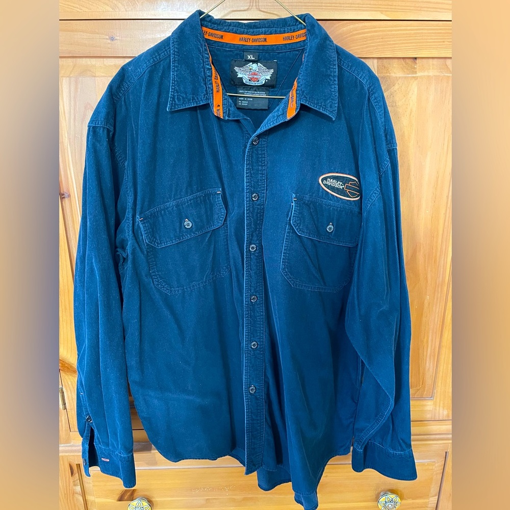 Mens Harley Davidson Button Up Shirt XL Long Sleeve Blue